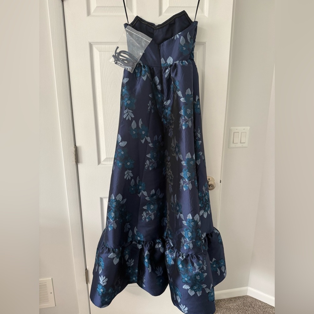 Dessy Collection ; Women's Navy Rose Damask Strapless Cat-Eye Bodice Maxi Dress - Picture 11 of 16